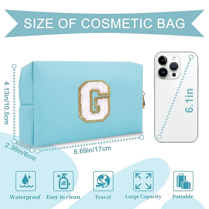 Small Personalized Initial A-Z Preppy Patch Makeup Bag,PU Chenille Letter Travel Cosmetic Pouch with Zipper,Blue Cute Toiletry Bag,Gift Ideal for Teen Girls Women Teacher Bridesmaid,Letter G