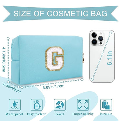 Small Personalized Initial A-Z Preppy Patch Makeup Bag,PU Chenille Letter Travel Cosmetic Pouch with Zipper,Blue Cute Toiletry Bag,Gift Ideal for Teen Girls Women Teacher Bridesmaid,Letter G