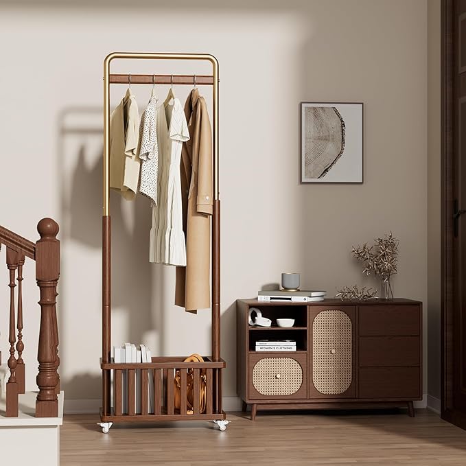 Clothes Rack Solid Wood Coat Rack, Metal and Solid Wood Combination Clothing Rack with Wheels for Entryway, Bedroom, Living Room, Coat Racks Freestanding for Hanging Clothes Garment Scarf
