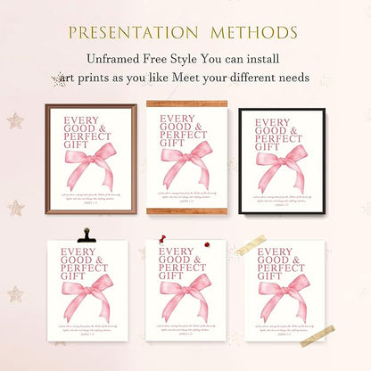 LARTSFRO Coquette Pink Bow Christian Wall Art Decor Posters, Pink Bow Christian Bathroom Room Bedroom Dorm Wall Art Decor Aesthetic for College Teen Girls Gifts,Inspirational Bible Verses Bow Wall Decor, 10x8 Inch Set of 4 Bow Pictures(UNFRAMED)