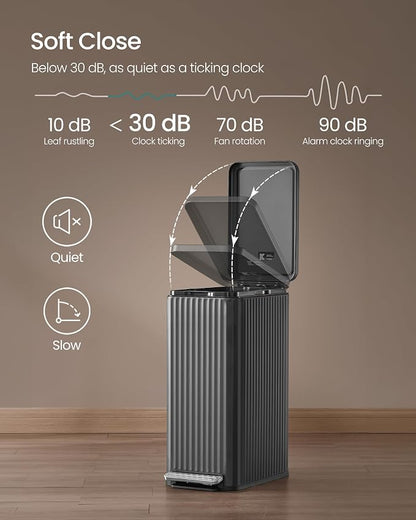 SONGMICS Trash Can, 13 Gallon (50 L) Slim Garbage Can for Kitchen, with Soft-Close Lid, Pedal, Removable Inner Bucket, Stainless Steel, 15 Trash Bags, Space-Saving, Ink Black ULTB350BZ01