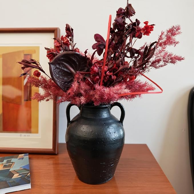 Wild Works Bailey Handmade Black Vase with 2 Ear Design - 9.6'' Tall Terracotta Vase, Vintage Rustic Antique Decor, Black Ceramic Vases, Flower for Living Room, Entrance,Wabi-sabi Decorations