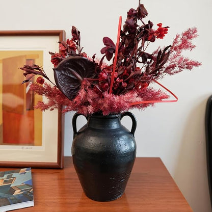 Wild Works Bailey Handmade Black Vase with 2 Ear Design - 9.6'' Tall Terracotta Vase, Vintage Rustic Antique Decor, Black Ceramic Vases, Flower for Living Room, Entrance,Wabi-sabi Decorations