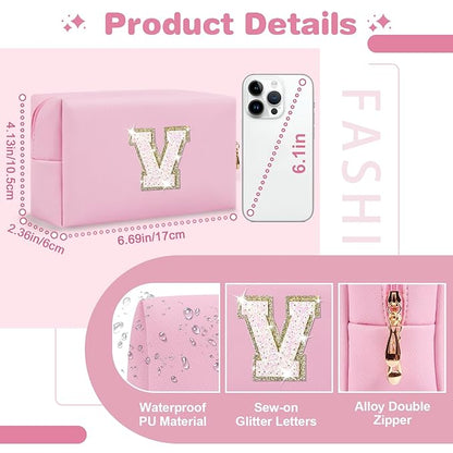 Small Personalized Initial A-Z Patch Makeup Bag,Pink Cute PU Leather Glitter Letter Cosmetic Bag for Teen Girls,Travel Toiletry Bag with Zipper,Preppy Monogrammed Birthday Gift for Daughter Niece V