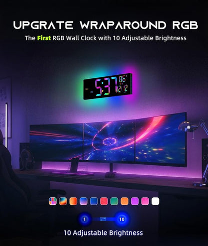 EASYERA 16.5" Large Digital Wall Clock with BT Sync, RGB Lights with 11 Scenes Mode Remote Control, Dual Alarms with Big LED Display, Auto DST, Temperature for Classroom Gaming