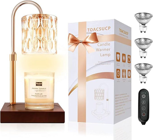 TOACSUCP Candle Warmer Lamp with 3 Bulbs, Adjustable Height Dimmable Candle Warmer with Timer, Compatible with Large Jar Candles, Candle Lamp with Charming Gift Box Ribbon for Her/Him(Walnut)