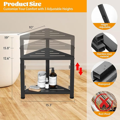 Shower Foot Rest, 12.6"-15.8"-19" Adjustable Heigh Shower Stool for Inside Shower, Stainless Steel Waterproof Shower Stool for Shaving Legs, Corner Bench Caddy with Storage Shelf for Bath Small Space