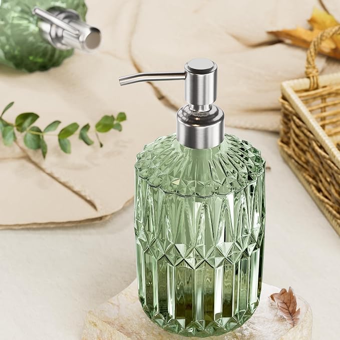 AmazerBath Soap Dispenser, 2 Pack Green Glass Soap Dispenser with Pump Stainless Steel, 14.2OZ Refillable Hand Soap Bottles Bathroom Kitchen