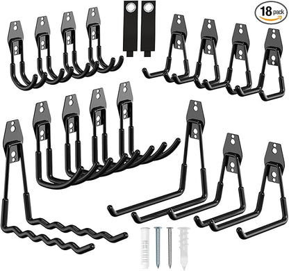 18 Pack Garage Hooks Heavy Duty, Utility Steel Garage Storage Hooks, Garage Organization System with Anti-Slip Wall Mount Hangers for Hanging Bike, Ladder, Garden Tools (Black)