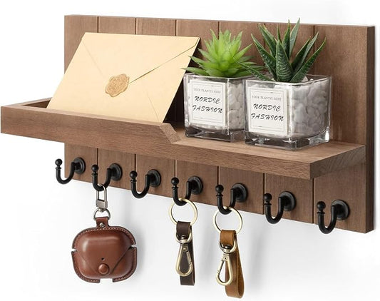 Rebee Vision Key Holder for Wall - Farmhouse Rustic Mail Organizer Floating Shelf for Home Kitchen Entryway Decor with 7 Sturdy Key Hooks (Retro Brown,15-inch)