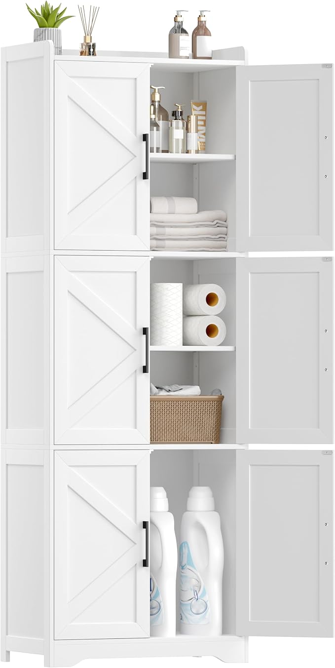 Akxomel Tall Bathroom Storage Cabinet, Bathroom Floor Cabinet with 6 Barn Doors, 11.6''D x 22.6''W x 60.2''H, Adjustable Shelves, Linen Pantry Cabinet, for Kitchen Living Room, Entryway, White