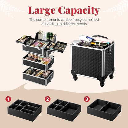 mefeir 4-in-1 Rolling Makeup Train Case Lift Handle,4 Removable Wheels Lockable Keys,Aluminum Cosmetic Trolley Beauty Stylist Artist Organizer Box,Ideal Xmas New Year Gift (Diamond Black)