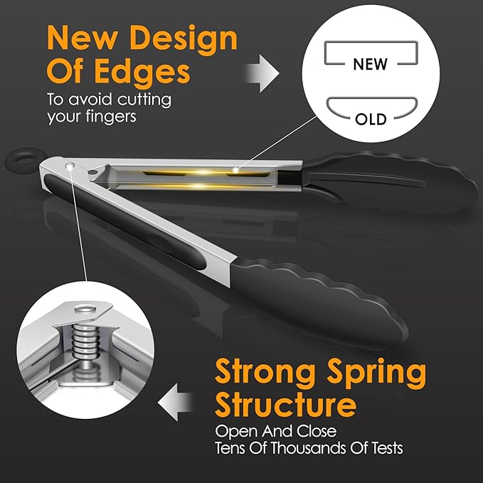 HOTEC Premium Kitchen Tongs, 7 & 9 Inch, Stainless Steel, Black, Set of 2 | Silicone Tips, Durable Spring Locking Mechanism, Non-Scratch & Heat Resistant, For Salad, BBQ, Serving
