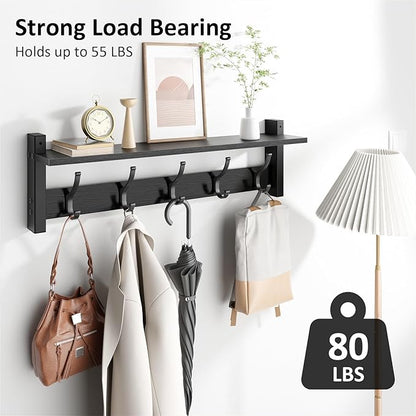 Coat Rack Wall Mount with Shelf, 24 Inch Coat Hanger Walls Mounted, Hat Rack for Walls, Shelf with 5 Coat Hooks, Wall Hanger for Entryway (Black)