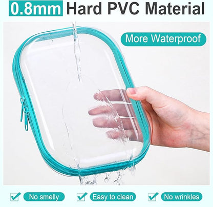 Sanwuta 6 Pcs Clear Hard Zipper Case Pencil Pouches Hard Plastic Zipper Pouches Makeup Bag Transparent Cases for Snacks Plastic Storage Organizer Box for Travel(Teal,7.87 x 5.9 x 2 Inch)