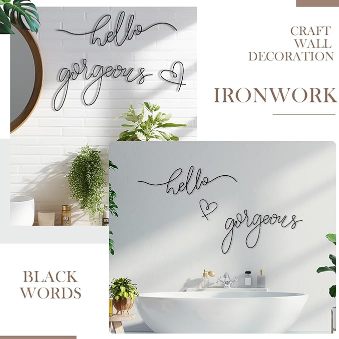 Hicarer Hello Gorgeous Metal Wall Art Decor Minimalist Decoration Metal Hello Gorgeous Decorative Sign for Living Room Office Bedroom Hotel Home Wall Decoration(Black,Classic Style)