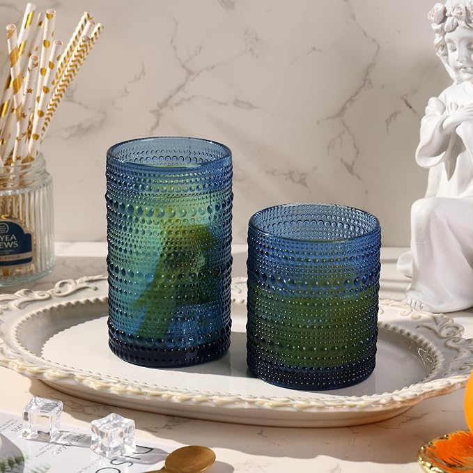 Moretoes Hobnail Drinking Glasses, 12 Piece Blue Water Glass Cups, Mixed Vintage Glassware Set, 6pcs 12oz Highballs and 6pcs 10oz Old Fashioned Glasses, Great for Cocktail, Whisky and Other Beverages