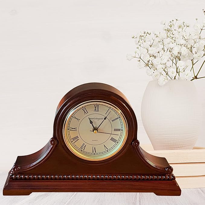 Mantel Clocks, Battery Operated, Silent Wood Table Clock with Westminster Chimes On The Hour, Solid Wooden Shelf Decorative Chiming Mantle Clock, 9" x 16" x 3" (Maroon Roman Numerals)