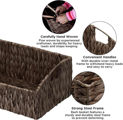 Ollieroo Rattan Storage Baskets, Handwoven Wicker Storage Bins with Built-in Handles, Storage Container Baskets for Shelves, Bedroom, Bathroom, Laundry Room or Kitchen(Black)