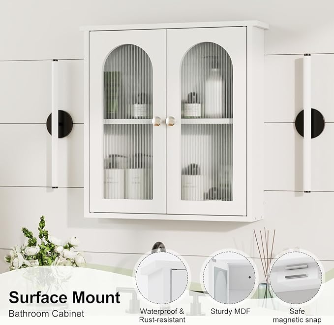 White Bathroom Wall Cabinet,Bathroom Cabinet Wall Mounted with Arched,White Medicine Cabinet Over Toilet,Surface Mount Medicine Cabinet for Laundry Room,Kitchen,Storage Cabinet 22x23