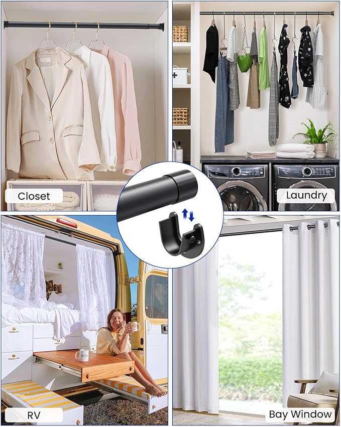 4 PACK Closet Rods for Hanging Clothes, 17 to 84 Inches Stepless Adjustable Metal Closet Rod, 1.3 Inches Heavy Duty Clothes Hanging Rod for Closet Wardrobes Laundry RV, Black