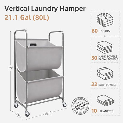 STORAGE MANIAC 80 Liters Vertical Rolling Laundry Hamper, 2 Section Laundry Sorter with Wheels and 2 Breaks, 2-tier Laundry Baskets for Small Space, Dorm, Laundry Room, Closet, Bathroom, Gray 2-tier