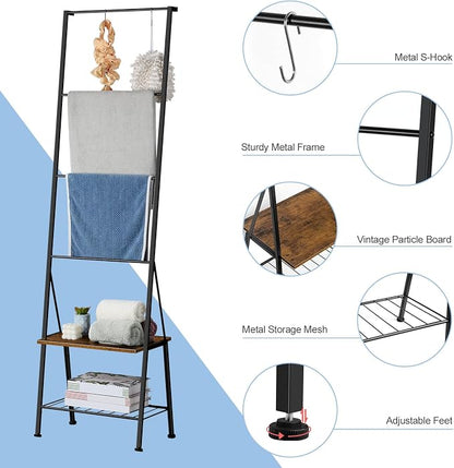BTY Blanket Ladder Black Towel Ladder with Shelf Metal Blanket Ladder Holder for Bathroom Standing Ladder Towel Rack with Hooks Stocking Holders for Living Room Bedroom Laundry Room