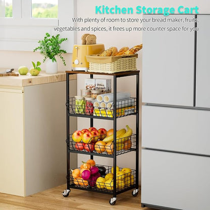 HapiRm Kitchen Fruit Vegetable Cart - 4 Tier Rolling Storage Rack with Wheels and Dividers, Coffee Station Cart Rack Shelf Organizer for Onion, Potato, Snack, Fruit, Vegetable Storage Stand, Black