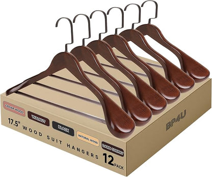 17.5" Wooden Suit Hangers with Non Slip Pants Bar, 12-Pack Wood Extra-Wide Shoulder Hangers with Flat-Head Hook for Suits, Coats, Jackets, Shirts, Pants, Heavy Clothes (Walnut)