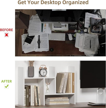 TY ARTS & CULTURE - Expandable Wood Desktop Storage Organizer Multipurpose Desk Bookshelf Display Shelf Rack Counter Top Bookcase for Office Home | White