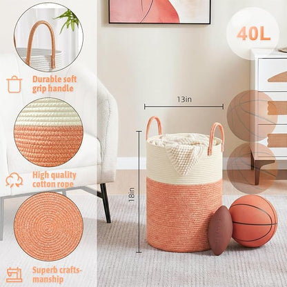 Laundry Basket,Woven Cotton Rope Laundry Hamper,40L for Decor Storage of Dirty Clothes,Toys and Blankets in Bathroom,Baby Room and Living Room