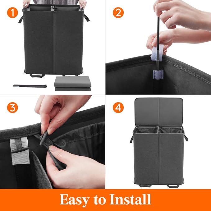 Lifewit Double Laundry Hamper with Lid and Removable Laundry Bags, Large Collapsible 2 Dividers Dirty Clothes Basket with Handles for Bedroom, Laundry Room, Closet, Bathroom, College, 136L Black