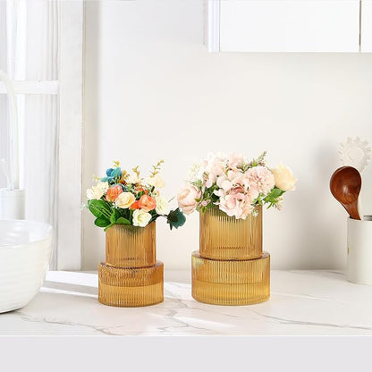 Ribbed Glass Vases for Bouquet, Set of 2 Amber Vases for Flowers, Amber Glass Vase for Tulips, Modern Vase for Living Room, Office, Coffe Table, Dining Table, Shelf, Wedding