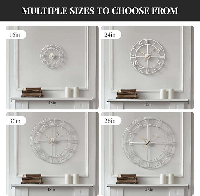 Cuspin Silver Wall Clock for Living Room Decor, 24 Inch Large Metal Wall Clock Modern Luxury Roman Numeral Analog Battery-Operated Round Decorative Clocks for Bedroom, Kitchen, Office
