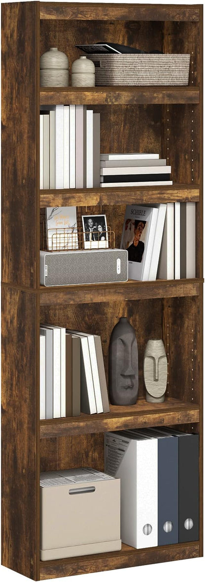 Furinno JAYA Book Shelf, 5-Tier Bookshelf, Enhanced Home Bookcase with Adjustable shelf, 9.5" x 24.5" x 71.1", for Organization and Storage, for Living Room, Bedroom, Home Office, Amber Pine