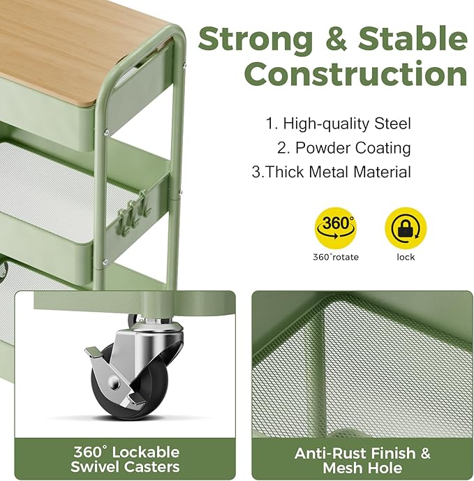 johgee 3 Tier Rolling Cart with Table top, Metal Rolling Utility Cart, Sturdy Storage Organizer Cart with Locking Wheels & Hooks for Office, Classroom, Kitchen and Bathroom