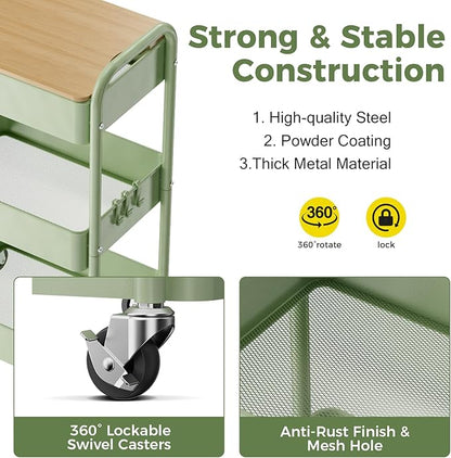 johgee 3 Tier Rolling Cart with Table top, Metal Rolling Utility Cart, Sturdy Storage Organizer Cart with Locking Wheels & Hooks for Office, Classroom, Kitchen and Bathroom