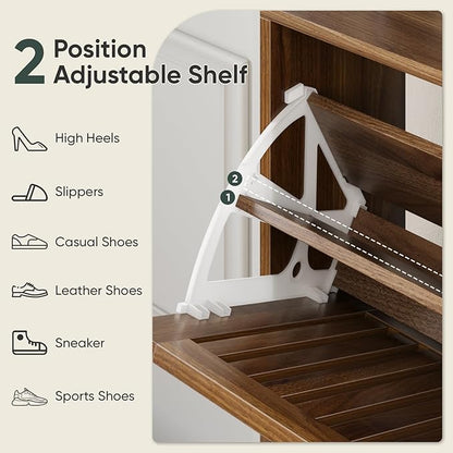 Shoe Storage Cabinet with 2 Flip Slatted Drawers, Narrow Wood Shoe Cabinet with Gold Handle, Hidden Entryway Shoe Organizer for Hallway, Foyer, Walnut