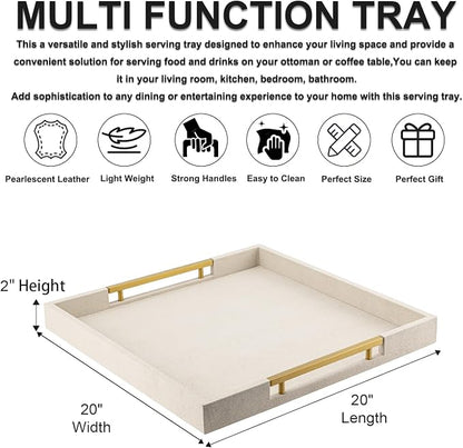 Beige Faux Leather Serving Tray with Handles – Large Decorative Tray for Coffee Table, Ottoman, Living Room, Bathroom – Home Decor