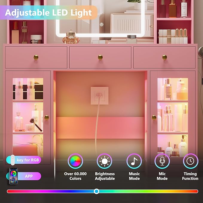 Pink Vanity Desk with Mirror and Lights, 43.4" Makeup Vanity Table Set with Lighted Mirror & RGB Glass Cabinet, 3 Drawers, Glass Top Dressing Table with Large Shelves for Girls, 3 Color Modes