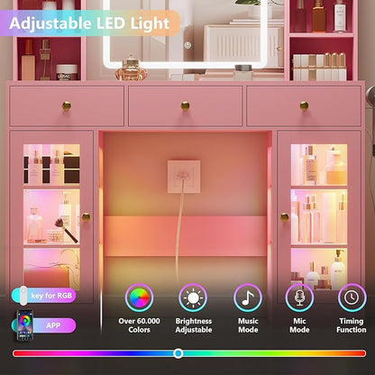 Pink Vanity Desk with Mirror and Lights, 43.4" Makeup Vanity Table Set with Lighted Mirror & RGB Glass Cabinet, 3 Drawers, Glass Top Dressing Table with Large Shelves for Girls, 3 Color Modes
