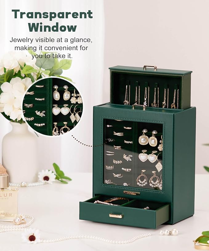 Homde Jewelry Organizer Girls Women Jewelry Box for Necklaces Rings Earrings Gift Bracelets Storage Case (Forest Green + Gold)