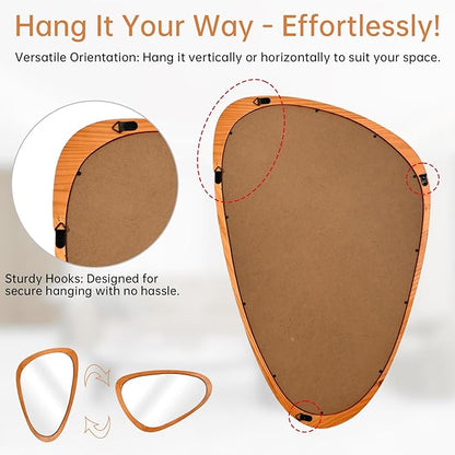 FUIN Asymmetrical Irregular Wall Mirror 30.5" x 19.5" – Solid Wood Frame Mid Century Modern Decor, Organic Pebble Shaped HD Glass for Bathroom Vanity, Bedroom, Living Room & Entryway (Teak Finish)