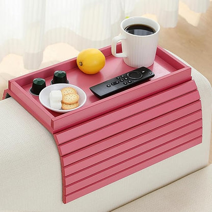 Bamboo Couch Arm Tray Table，Foldable Sofa Armrest Tray Table for Couch，Flexible and Anti-Slip Couch Arm Cup Holder，Portable Sofa Arm Chair Table for Drink,Cups, Eats，Snacks, Phone, Remote (Pink)