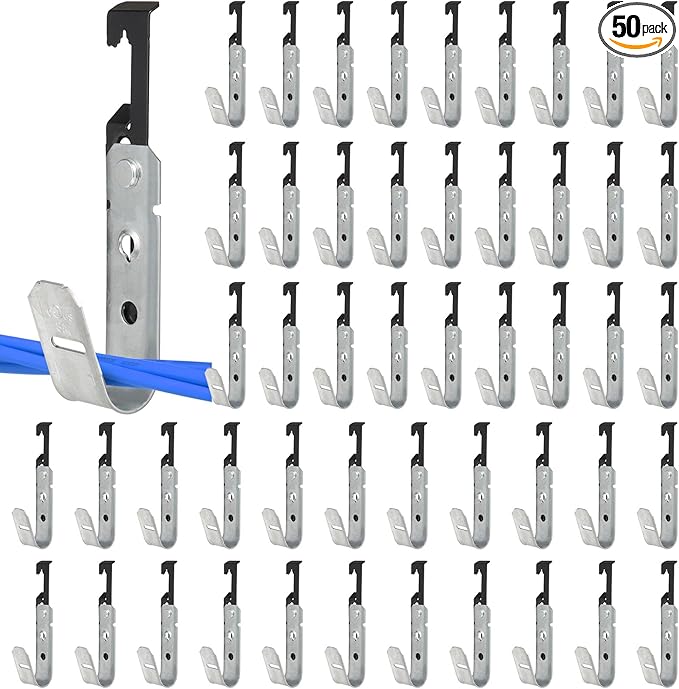 50 Pcs Metal J Hooks Cable Support 3/4 Inch j Hook Hangers, Wall Mounted Galvanized Cable Support J Hooks for Hanging, J Hook with Bat Wing for Wire Management
