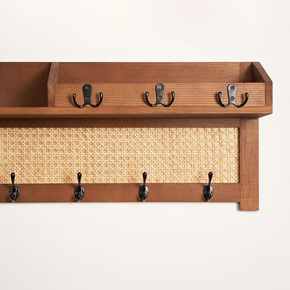 Coat Rack Wall Mount with Hooks & Shelf - Wooden Entryway Organizer for Hanging Coats, Keys, Hangers - Space Saving Durable Wood Holder for Hallway, Bedroom, Office-The Rattan Model