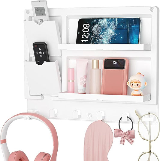 Lifewit Plastic Bedside Shelf, Adhesive Floating Shelves, Key Remote Control Holder, Wall Organizer for Glasses, Phone, Earbuds, Bedroom Decor, Dorm Room Essentials, White