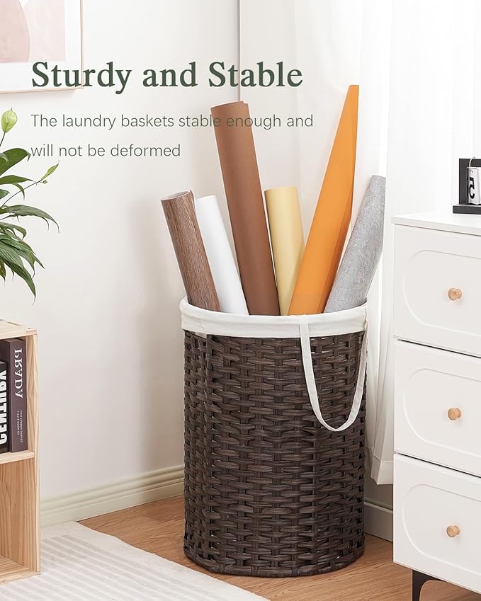 Laundry Basket Round Rattan Laundry Hamper 29.1 Gal(110 L) Handwoven Large Wicker Basket with Handles, Wicker Hamper with Removable Bags and 2 Mesh Bags for Bathroom Living Room Brown(No Lid)