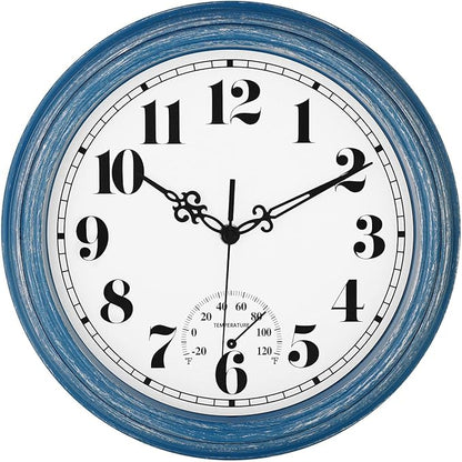 zyzamay 12 Inch Indoor Outdoor Clocks,Waterproof Wall Clock with Thermometer,Easy to Read,Non-Ticking Battery Operated Quality Quartz Clock, Decorative for Patio,Porch,Pool,Bathroom,Deck(Blue)