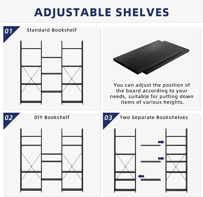 NUMENN Triple Column 4 Tier Bookshelf, Bookcase with 11 Open Display Shelves, Adjustable Rustic Industrial Style Book Shelves, Modern Bookshelves for Bedroom, Living Room and Home Office, Black